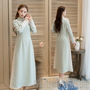 民族风禅茶服女中式奥戴旗袍修身显瘦复古连衣裙秋冬加厚女装