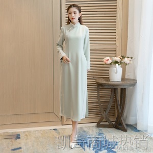 民族风禅茶服女中式奥戴旗袍修身显瘦复古连衣裙秋冬加厚女装