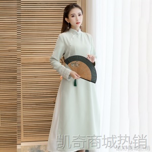 民族风禅茶服女中式奥戴旗袍修身显瘦复古连衣裙秋冬加厚女装