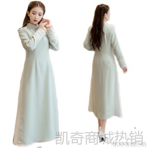 民族风禅茶服女中式奥戴旗袍修身显瘦复古连衣裙秋冬加厚女装