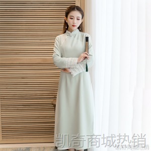 民族风禅茶服女中式奥戴旗袍修身显瘦复古连衣裙秋冬加厚女装