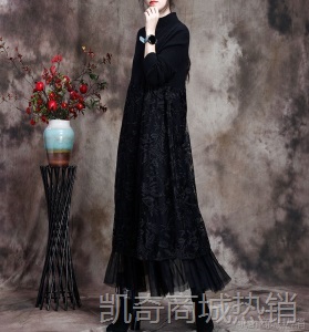 20秋冬新款高贵阔太太蕾丝连衣裙女针织拼接气质风修身长款打底裙