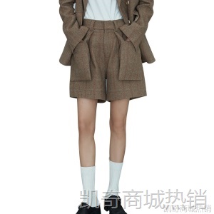 VanessaLiu气质宽松休闲复古格子中腰毛呢西装短裤女秋冬一件代发