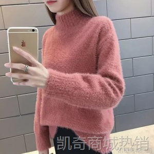 2020秋冬跨境女装半高领毛衣打底衫宽松外套仿貂绒加厚套头貂毛衣
