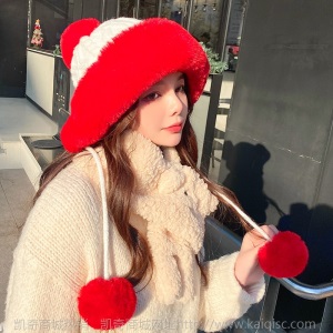 秋冬季女士棉羊绒套头帽三毛球可爱加绒加厚防寒保暖纯色针织帽子