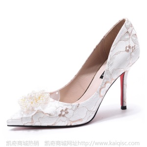 尖头橡胶欧美浅口单鞋新款白色高跟鞋女细跟蕾丝水钻时尚结婚鞋子