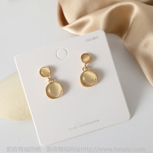 S925银针韩国精致几何猫眼石透亮小巧简约百搭耳钉