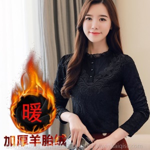 加绒加厚蕾丝打底衫女秋冬装大码2020年新款潮ins韩版胖m百搭上衣
