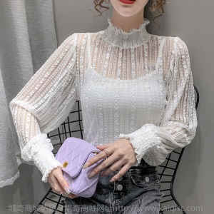 实拍2020新款时尚小衫洋气高领蕾丝打底衫女秋冬内搭网纱上衣