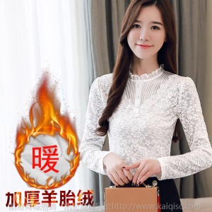 加绒加厚蕾丝打底衫女秋冬装大码2020年新款潮ins韩版胖m百搭上衣