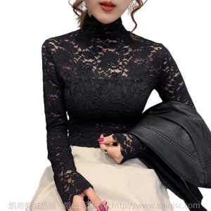 秋装2020年新款半高领修身显瘦长袖t恤女秋冬镂空蕾丝打底衫上衣