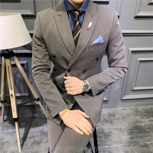 秋冬男士休闲西服套装3件套双排扣小西装修身青年男装结婚礼服潮