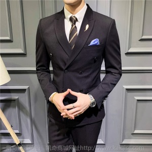 秋冬男士休闲西服套装3件套双排扣小西装修身青年男装结婚礼服潮