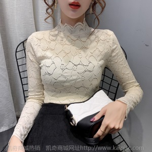 蕾丝打底衫女春秋2020秋季新款百搭半高领洋气网纱长袖t恤内搭ins