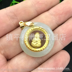 和田玉金镶玉吊坠批发 和田玉足金镶嵌观音佛玉坠直播货
