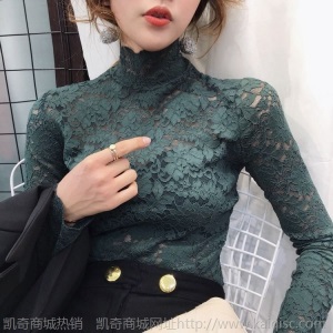 秋装2020年新款半高领修身显瘦长袖t恤女秋冬镂空蕾丝打底衫上衣