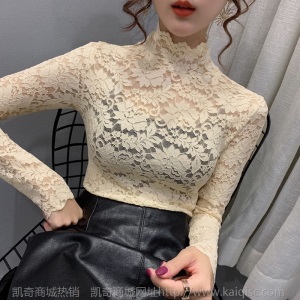 秋装2020年新款半高领修身显瘦长袖t恤女秋冬镂空蕾丝打底衫上衣