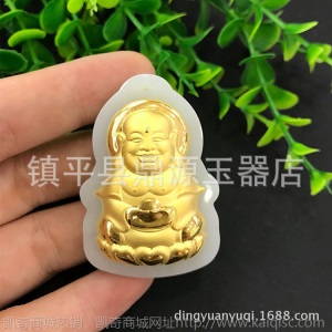 和田玉金镶玉吊坠批发 和田玉足金镶嵌观音佛玉坠直播货