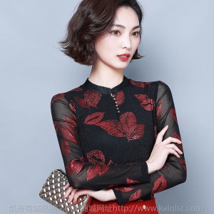 2020新款加绒加厚秋冬修身网纱蕾丝打底衫长袖洋气妈妈装小衫女