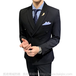 秋冬男士休闲西服套装3件套双排扣小西装修身青年男装结婚礼服潮