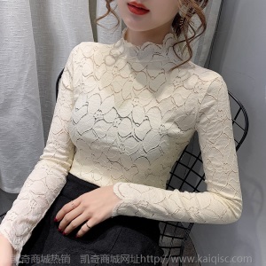 蕾丝打底衫女春秋2020秋季新款百搭半高领洋气网纱长袖t恤内搭ins