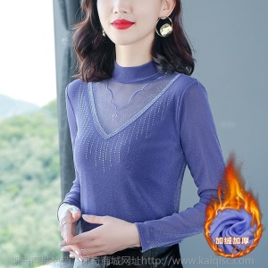 2020秋冬新款女装加绒保暖半高领网纱打底衫女蕾丝上衣