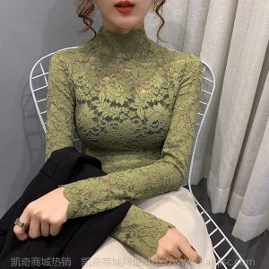 秋装2020年新款半高领修身显瘦长袖t恤女秋冬镂空蕾丝打底衫上衣