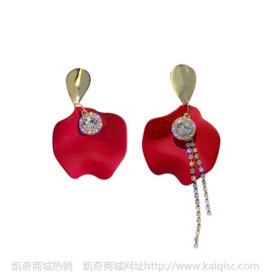 红色花瓣叶子水钻链条大锆石耳环新年喜庆红色牛年耳饰品