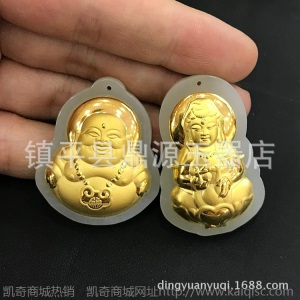 和田玉金镶玉吊坠批发 和田玉足金镶嵌观音佛玉坠直播货