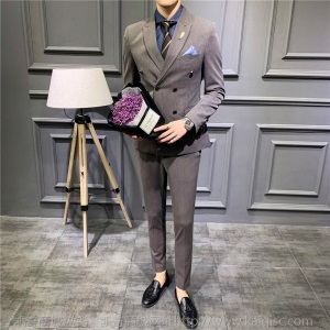 西装男套装修身韩版商务休闲双排扣单西正装宴会礼服新郎西服外套
