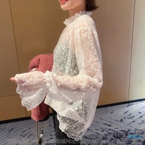 蕾丝衫秋装新款甜美超仙喇叭袖洋气超仙百搭性感打底衫网纱上衣女