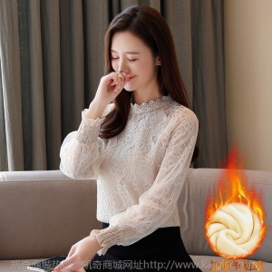百搭仙女范上衣甜美加绒加厚蕾丝打底衫内搭白色灯笼袖洋气衬衫