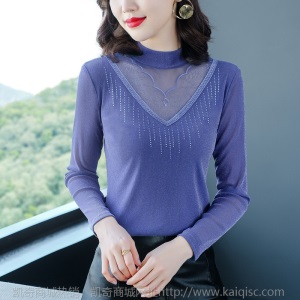2020秋冬新款女装加绒保暖半高领网纱打底衫女蕾丝上衣