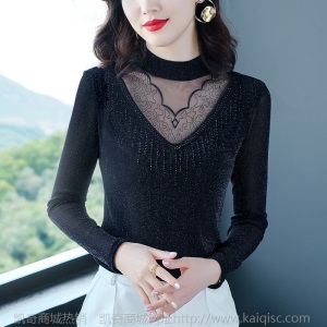 2020秋冬新款女装加绒保暖半高领网纱打底衫女蕾丝上衣