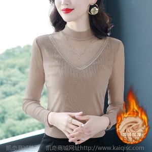 2020秋冬新款女装加绒保暖半高领网纱打底衫女蕾丝上衣