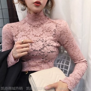 秋装2020年新款半高领修身显瘦长袖t恤女秋冬镂空蕾丝打底衫上衣