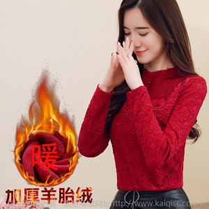 加绒加厚蕾丝打底衫女秋冬装大码2020年新款潮ins韩版胖m百搭上衣