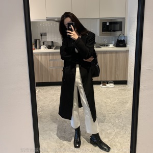 楠涛中长款西装外套女2021早春新款韩版双排扣宽松西服风衣大衣