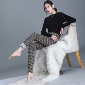 冬季格子羊绒裤女外穿加绒加厚黑色打底裤女高腰显瘦大码保暖棉裤