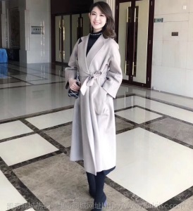 人气2020水波纹双面羊绒大衣女长款 欧美浴袍款秋冬外套女