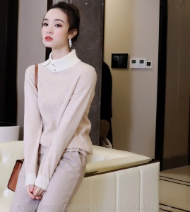 优雅温柔型 澳洲羊毛衫女100 纯羊毛 洋气撞色翻领针织衫