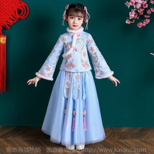 康茄芙女童汉服秋冬加绒古装儿童裙子唐装女孩冬装加厚旗袍拜年服