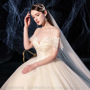 一字肩新款2020 气质深V性感新娘结婚婚纱礼服森系简约超仙