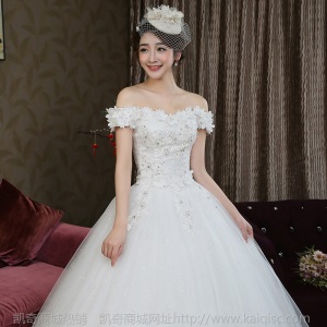 新娘婚纱礼服2020新款一字肩韩式花朵显瘦影楼结婚纱现货批发 H82