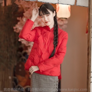 乙默文艺羽绒服冬季复古纯色刺绣花棉服加厚白鸭绒外套女实拍