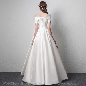 缎面婚纱礼服2020新款秋秋新娘结婚欧美简约公主一字肩显瘦齐地女