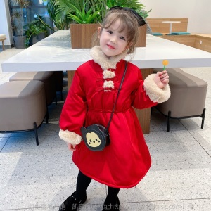 拜年服中小童古装汉服仙宝宝女童旗袍洋气秋冬季儿童唐装加厚棉袄