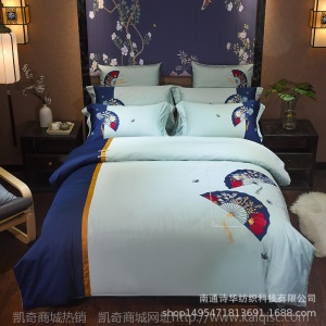 厂家直销中式60支长绒棉刺绣四件套 中国风全棉床笠婚庆纯棉套件