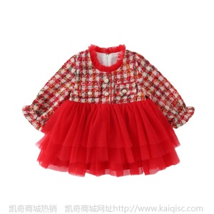 1004新年服女童红色喜庆过年服蓬蓬裙加厚中国风格子蛋糕网纱裙