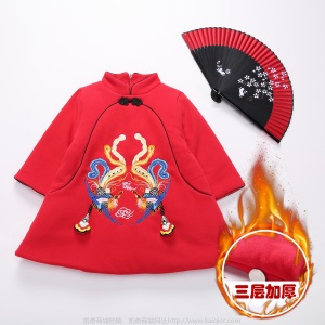 中国风儿童装过新年服加厚儿童唐装冬女童旗袍刺绣拜年汉服连衣裙